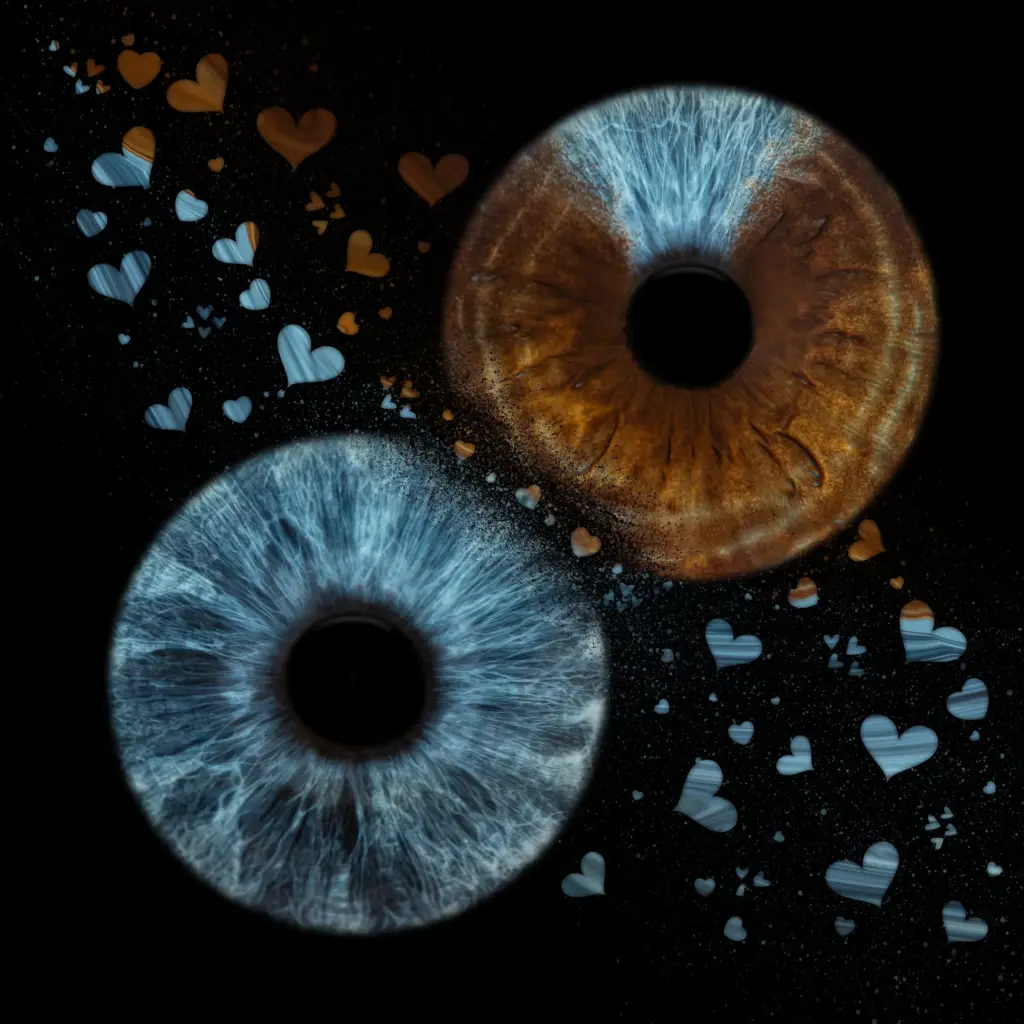 Irisfotografie – blaue und braune Iris mit Herzpartikeln